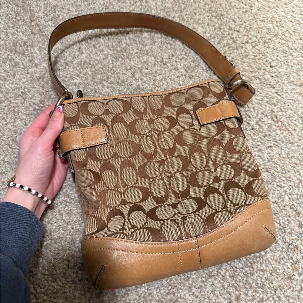 Coach Tan and Brown Signature Shoulder Bag